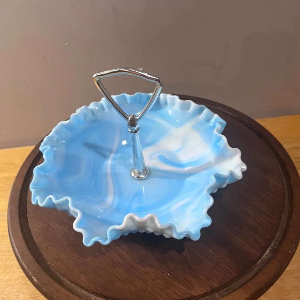 Vtg Fenton Blue Slag Glass Hobnail Ruffled Tidbit Tray Serving Dish 8